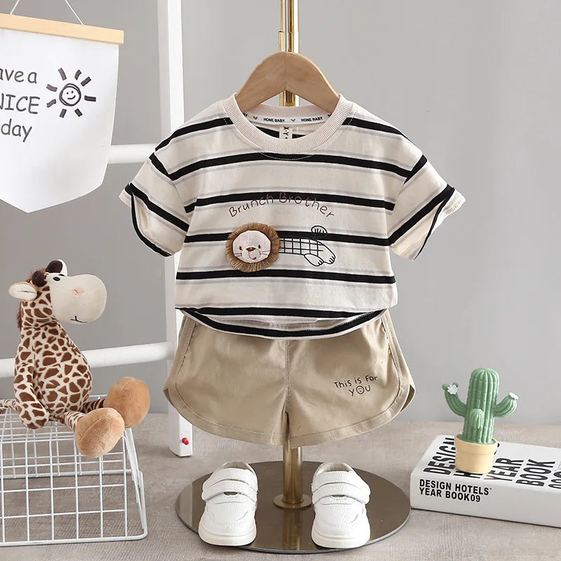 Boys Striped Casual Outfit Round Neck T-shirt & Shorts Kids Summer Clothes Sets