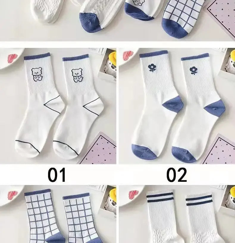 Women's Socks Warm Socks In Autumn and Winter Blue Socks Students High-top Striped Checkered Sports Stockings