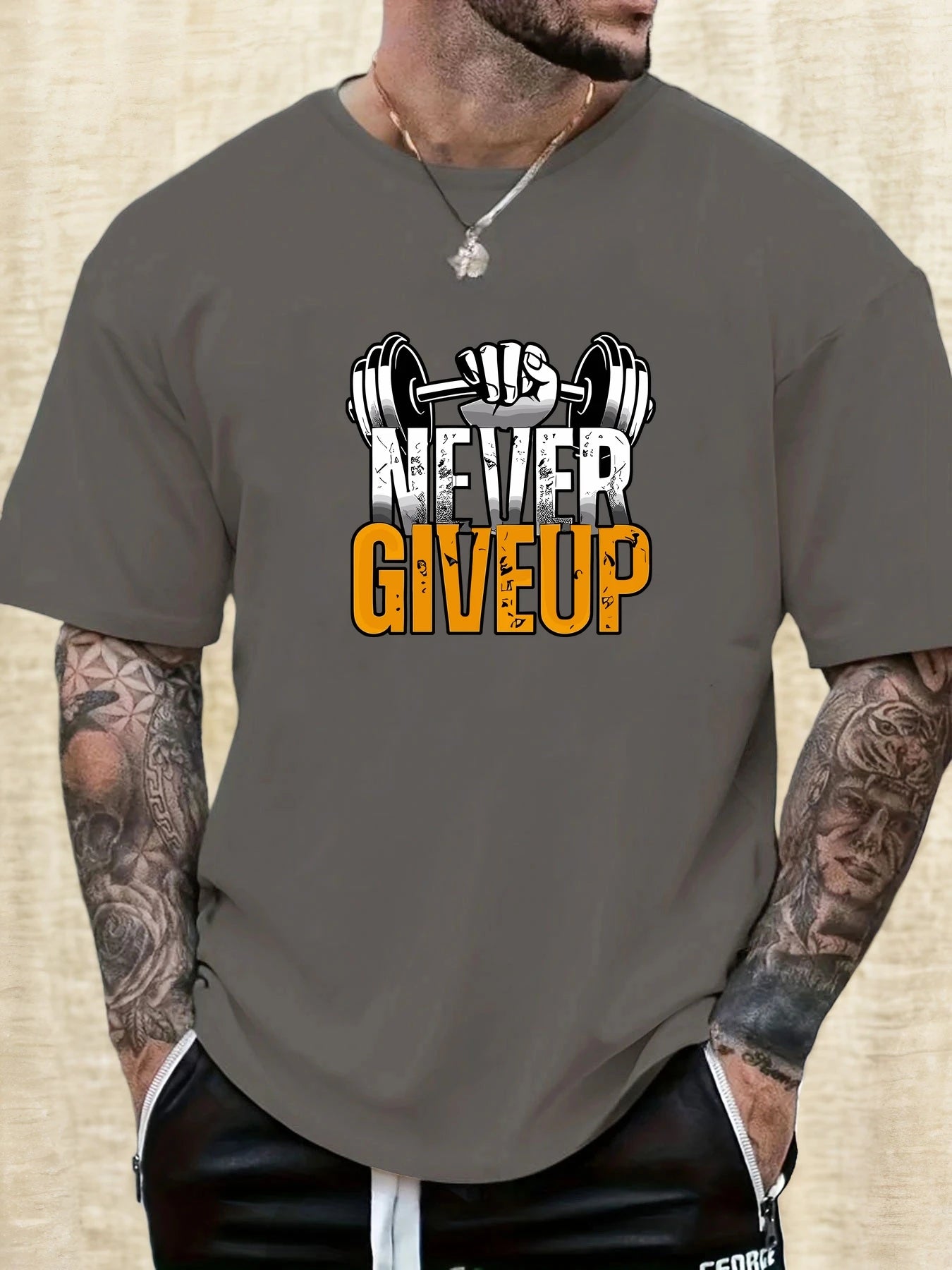 Men's Gym T-shirt Never Give Up Print Short Sleeve Soft Oversized Fitness Daily Wear