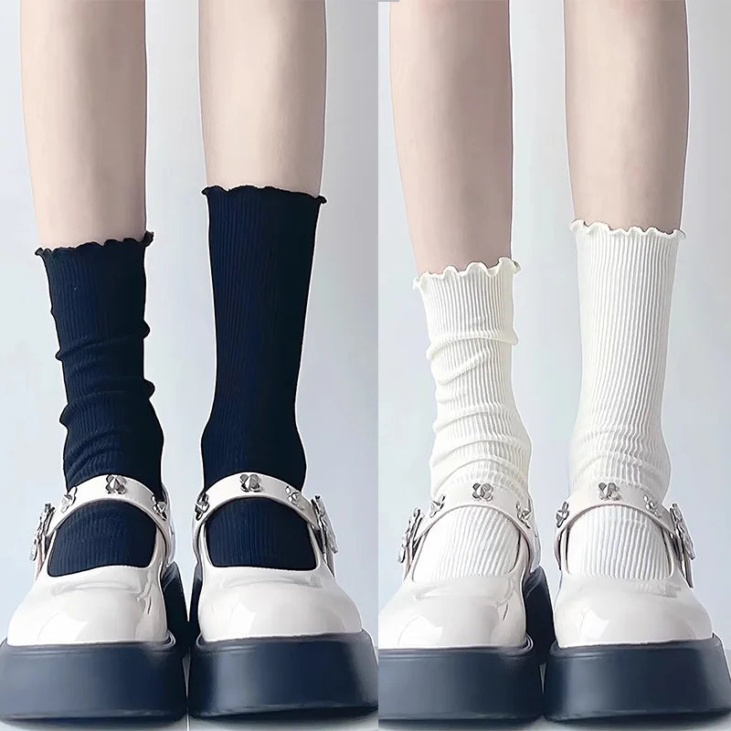 Fashion New Ruffle Socks for Women Mid Crew Middles Tube Ankle High Breathable Cotton Socks Black White Beige Female Cute Sock