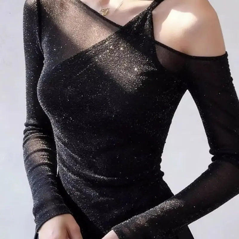 Fake Two-Piece Bling Sequin Tops Layered Tees Women Long Sleeve Off Shoulder T-Shirt Ladies Sexy Mesh Top Basic