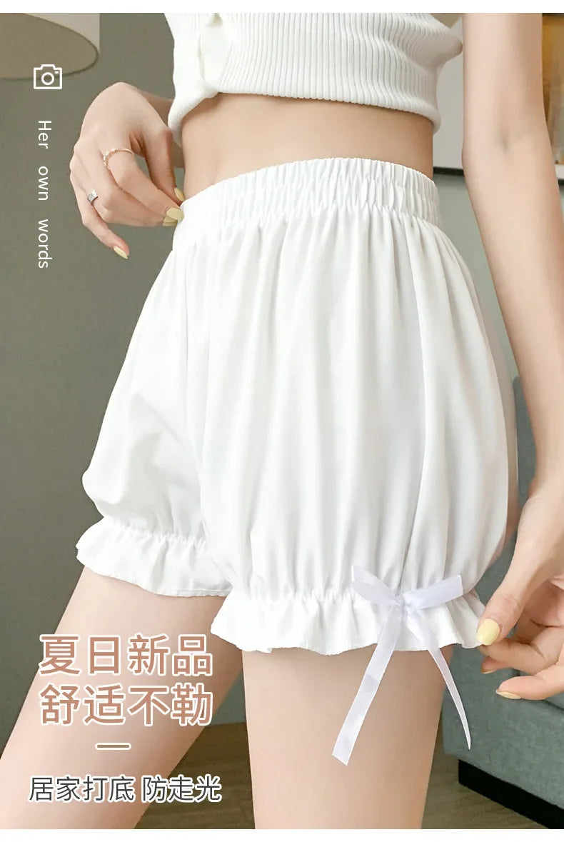 Women Lace Short Panties Imitation Silk Ruffle Bloomers Anti Exposure Safety Pants Lolita Satin Knickers Shorts Dress Pettipant