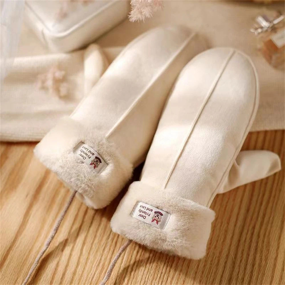 Women's Suede Plush Hanging Neck Gloves Winter Warm Windproof Gloves Outdoor Skiing Cold-Proof Student Mittens Christmas Gift