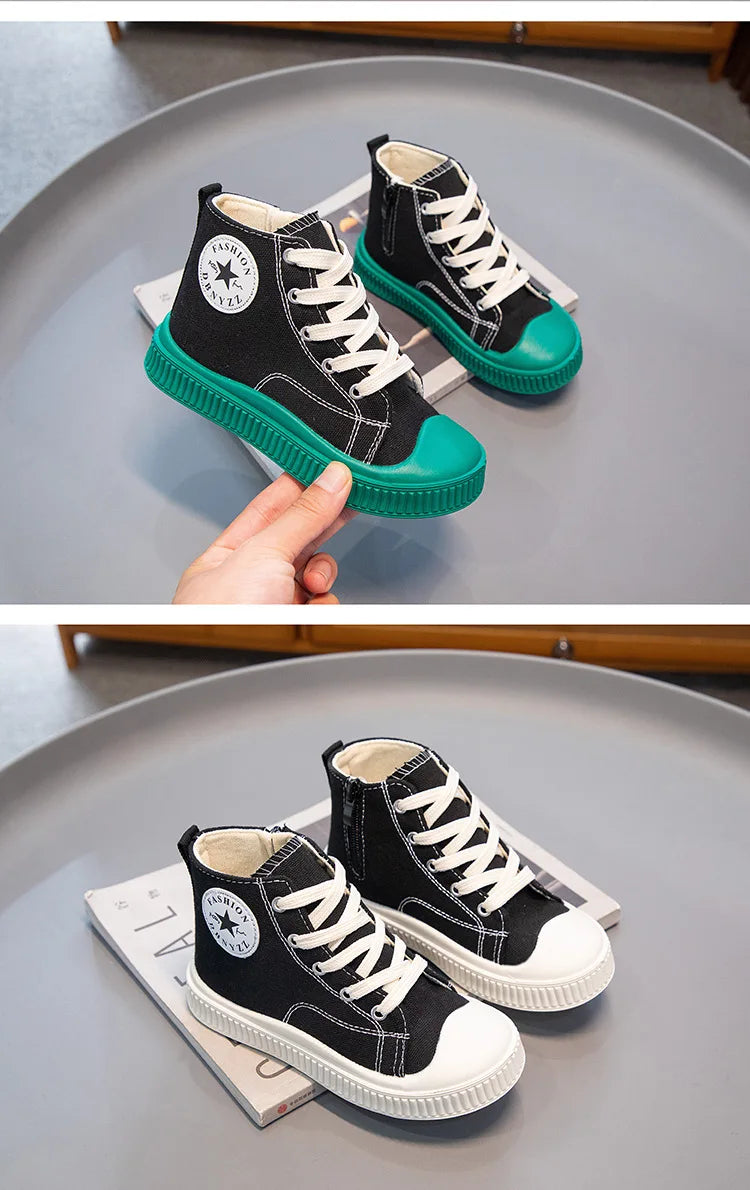 2025 New Children's High-Top Canvas Shoes Boys and Girls Ins Tide Soft Bottom Sneakers with Breathable Casual Board Shoes