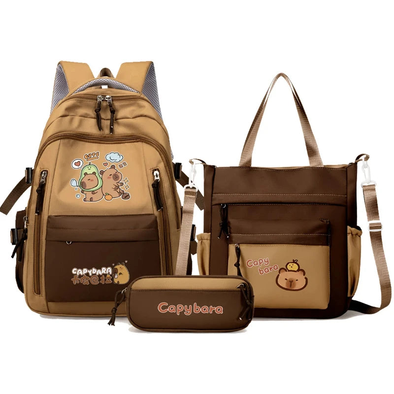Capybara School Backpack Teens Girls School Bags Set Casual Daypack Kids 3Pcs Book Bag Kawaii Children Schoolbag Travel Backpack
