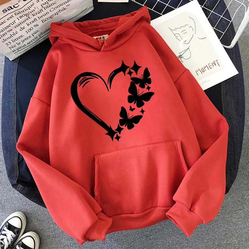 Combination of Love and Butterfly Pattern Long Sleeve Hoodies Women's Trendy Pocket Sweatshirt  Vintage Y2k Hooded Clothing