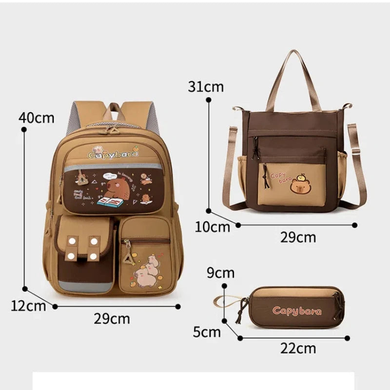 Capybara School Backpack Teens Girls School Bags Set Casual Daypack Kids 3Pcs Book Bag Kawaii Children Schoolbag Travel Backpack
