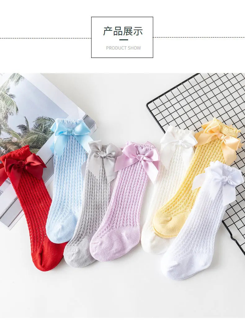 Simmer Spring Mesh Thin Cotton Korean Bow White Stockings Baby Princess Knee High Long Socks with Lace Ruffles for Newborn Girls