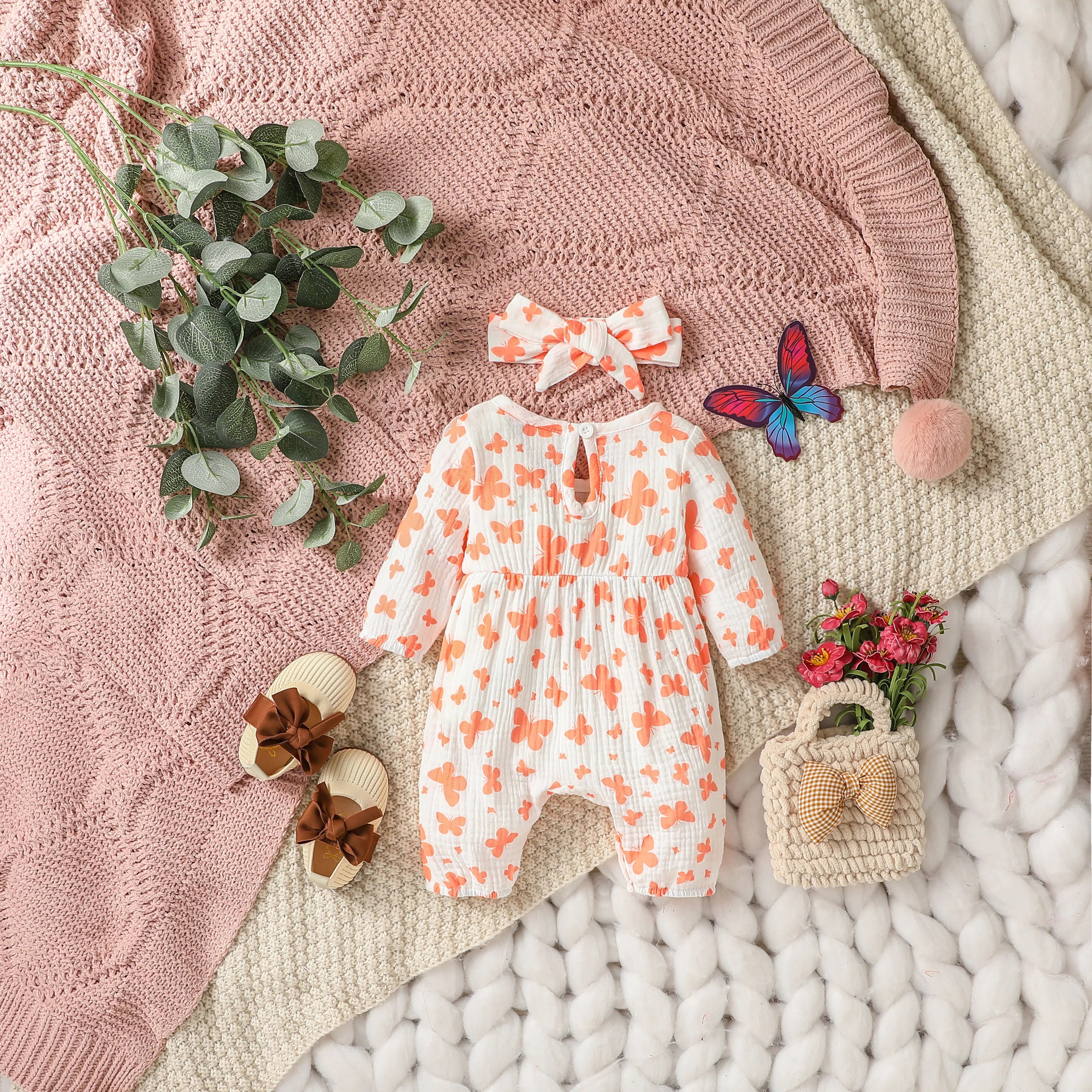 Baby Girl's All Seasons Long Sleeve Print Floral With Bow Daily Jumpsuit For Newborn-6M Clothes +Headband