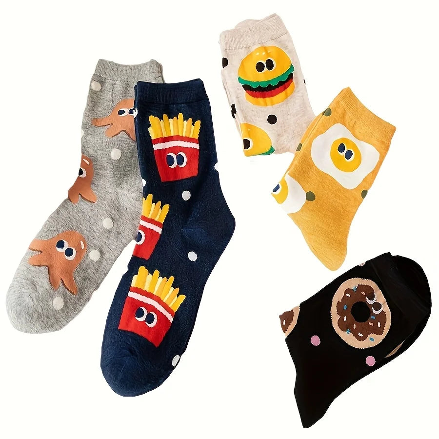 5 Pairs of Mixed Color Kidsren's Socks with Cartoon Cute Hamburger and Fries Patterns for Boys and Girls, Trendyy and Versatile Youth Mid-Calf Socks, Suitable for Casual Daily Life