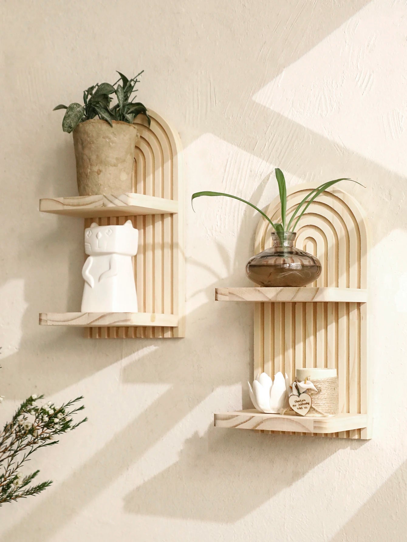 1Pc Boho Style Wooden Wall Shelves - Geometric Wall Mounted Shelves, Natural Wood Finish, Modern Home Decor, Plant Decorative