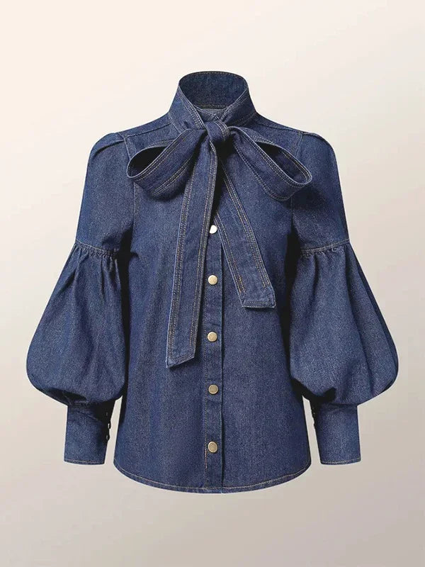 Beautyblue Elegant Women's Imitation Denim Blouse Tops Spring 2025 New Fashion Puff Sleeves Bow-Embellished Female Shirts S-3XL