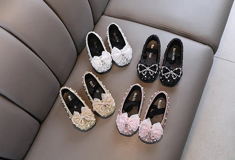 Girls Princess Shoes Glitter Luxury Party Shallow Children Ballet Flats 21-36 Elastic Band Fashion Lace Bowknot Kids Dance Shoes
