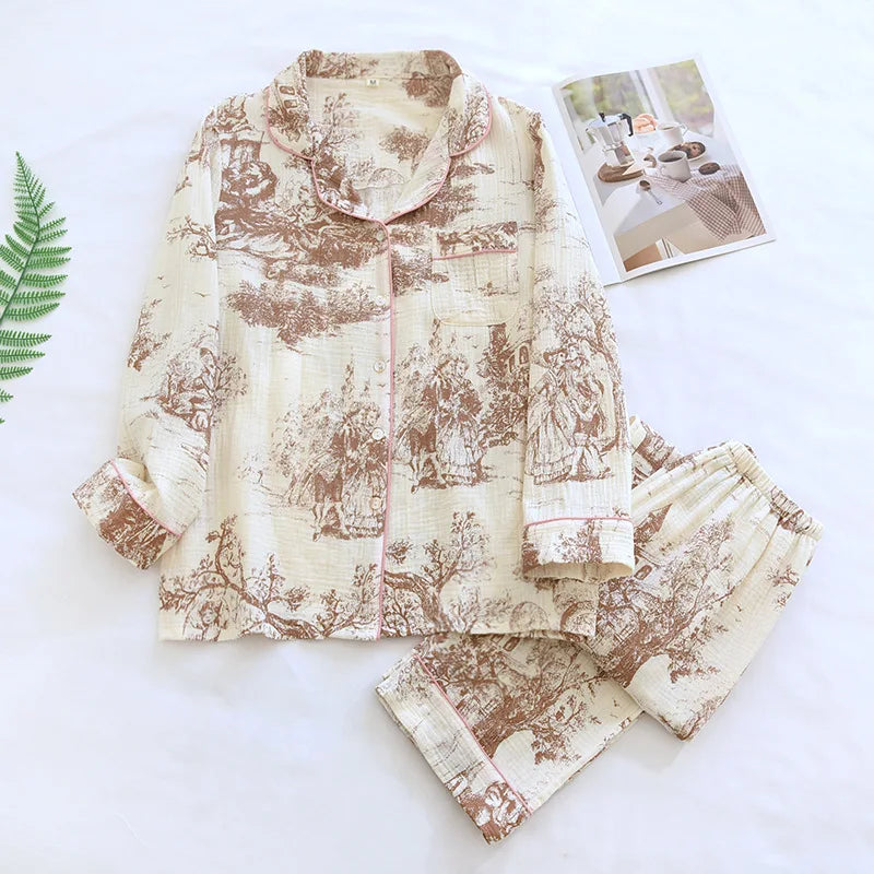 2026 New Spring and Autumn Women's Pajama Set 100% Cotton Crepe Collar Long Sleeve Two Piece Loose Breathable Home Clothes