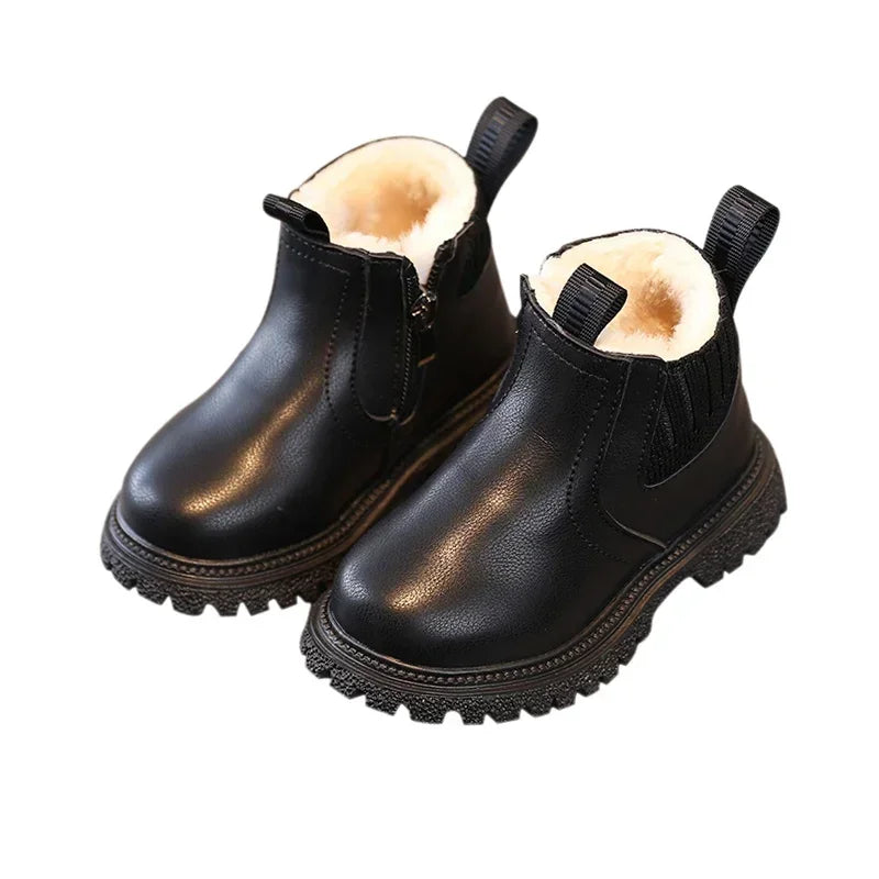 Autumn Winter Kid Boys Girls Casual Ankle Boots Comfortable Simple Side Zipper Leather Boots Velvet Warm Non-Slip Boots