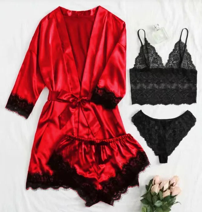 new Women's Sleep Lounge New Pajama Sets European American 4-piece set with lace satin suspender summer set for sleeping pajamas