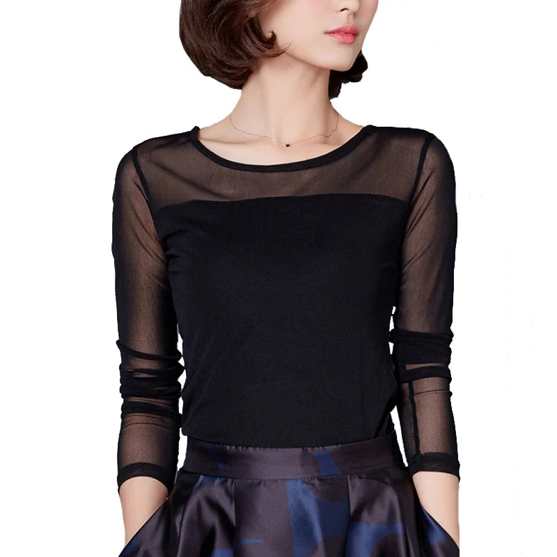 Autumn Winter Black White Bottoming Shirt Round Neck Solid Mesh T Shirt Korean Fashion Women Tops
