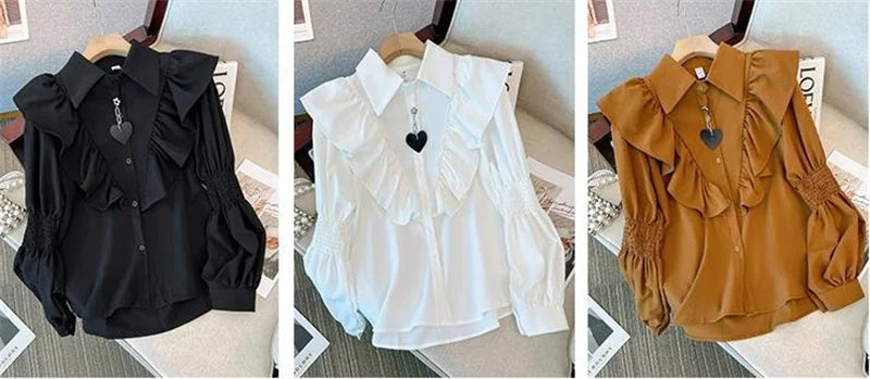 Ruffled Long Sleeved Shirt 2025 New Summer Autumn Chiffon Shirt Women's Blouse Lantern Sleeve Shirt Korean Popular Clothes ﻿