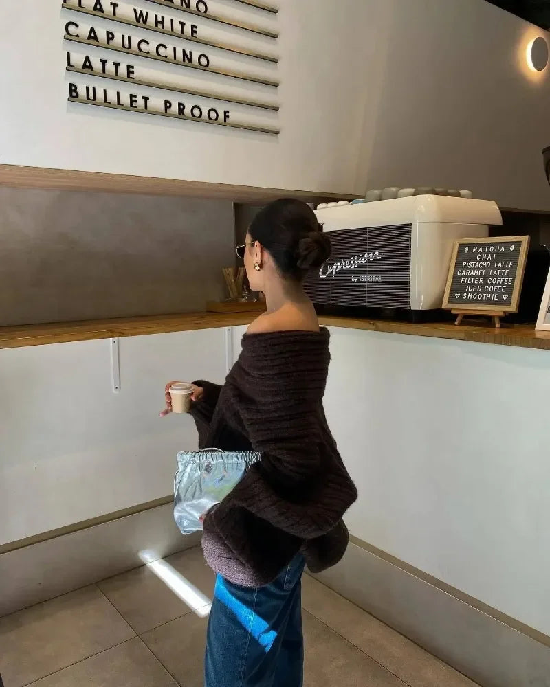 Tuularose Women's Off-Shoulder Sweater Fashion Loose Casual Brown Retro Pullover Spring High Street Office Lady Tops Knitwear