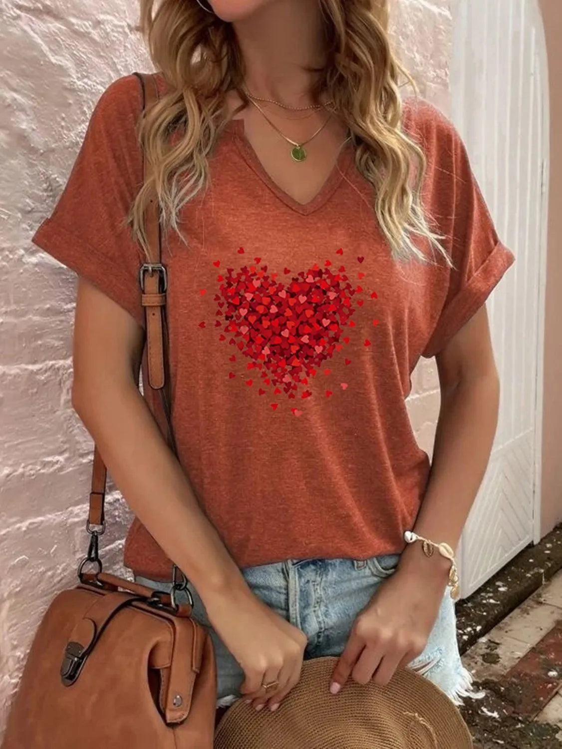 1PC Milk Silk European Style Women's Red Love Print V-neck T-shirt Blouse Short Sleeve