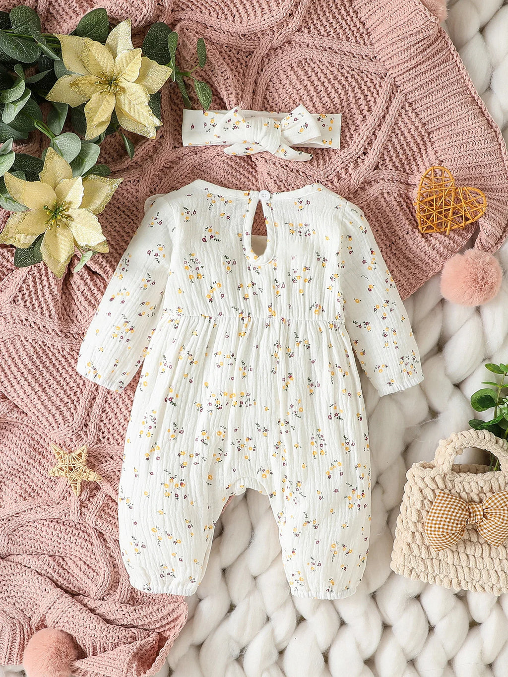 Baby Girl's All Seasons Long Sleeve Print Floral With Bow Daily Jumpsuit For Newborn-6M Clothes +Headband