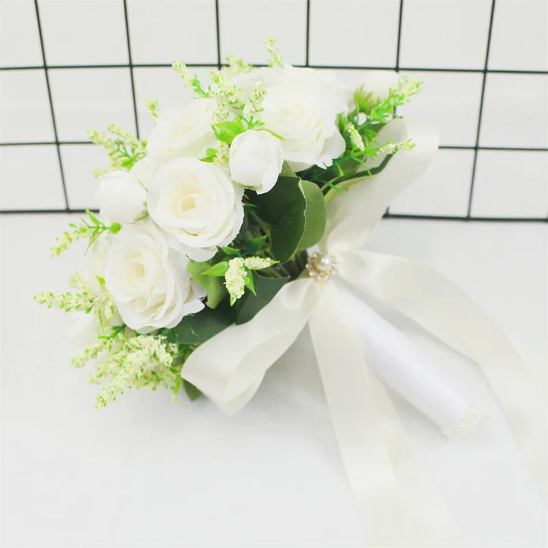 Bridal Bridesmaid Wedding Bouquet White Silk Flowers Roses Handmade  Artificial Bride Mariage Bouquet Wedding Accessories