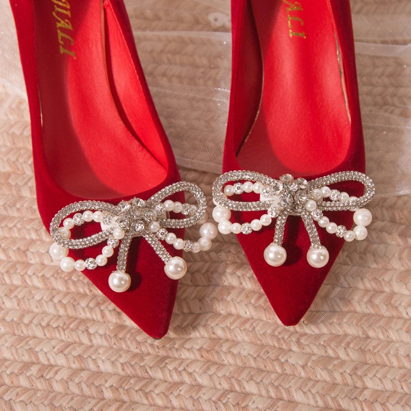 Wedding shoes bride shoes women new pearl thick heel shallow mouth pointed Xiuhe main wedding dress not tired foot single shoes