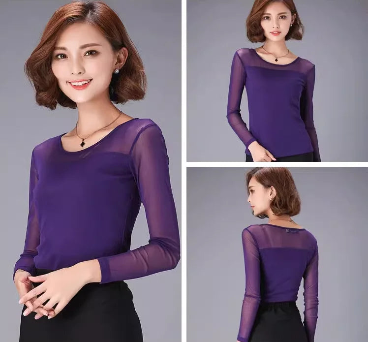 Autumn Winter Black White Bottoming Shirt Round Neck Solid Mesh T Shirt Korean Fashion Women Tops