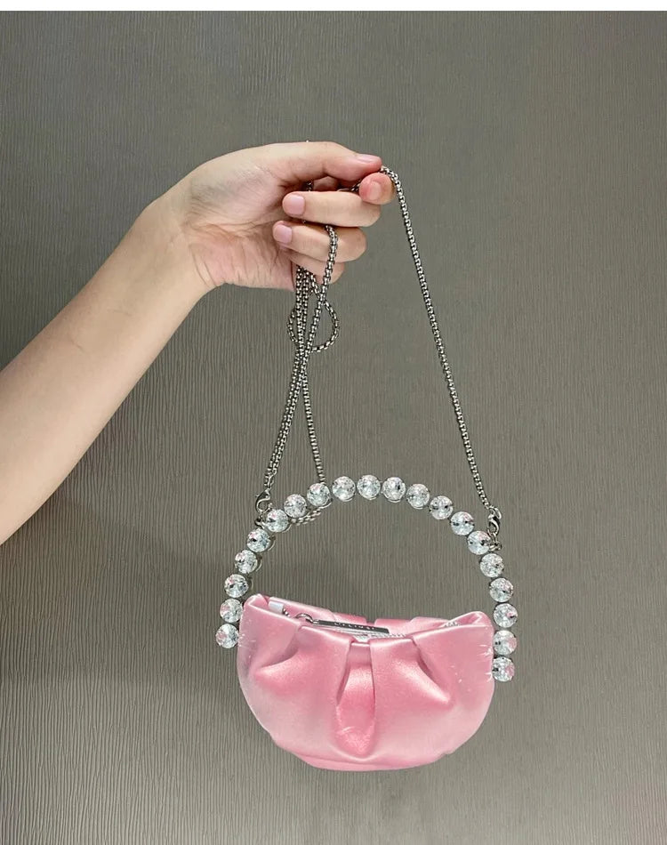 Lady Blue/Pink Diamond Circular Evening Bag Women Fushia Round Handle Rhinestone Dinner Clutch Purse Ladies Half Moon Handbags