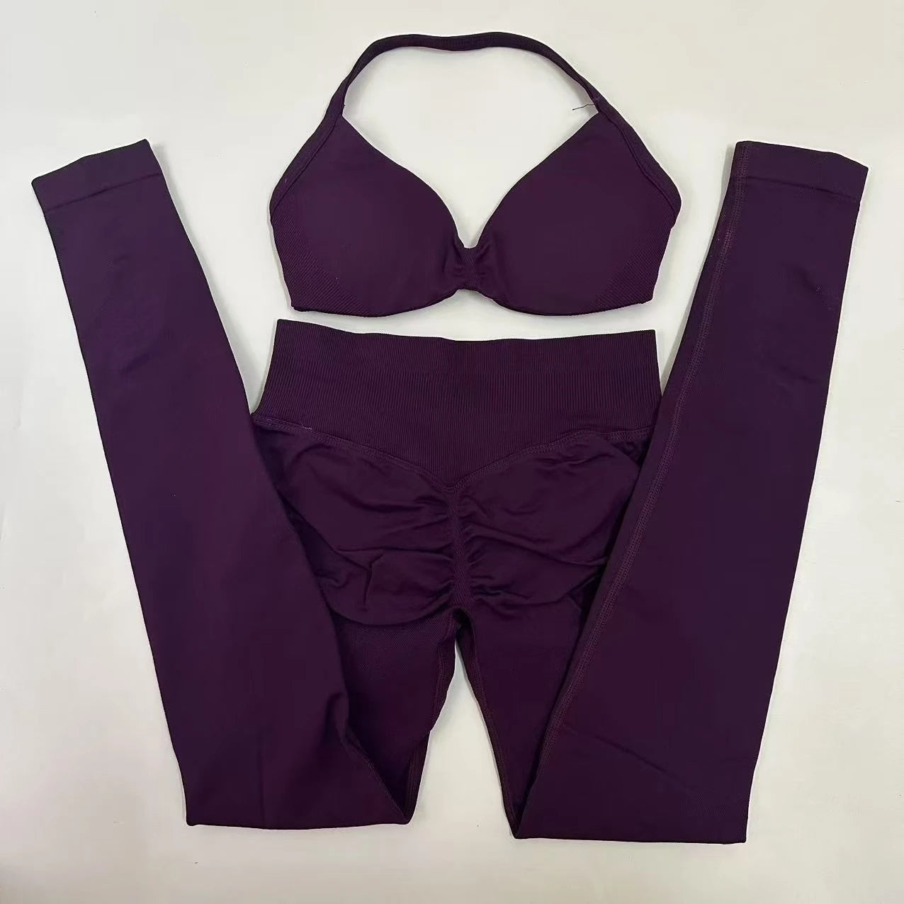 Seamlessyoga Set Women Workout Scrunch Leggings Set Strappy Halter Sports Bra Fitness Gym Clothing Workout Set 2 Pieces