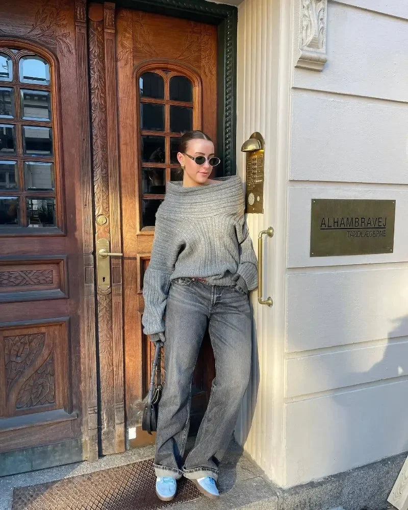 Tuularose Women's Off-Shoulder Sweater Fashion Loose Casual Brown Retro Pullover Spring High Street Office Lady Tops Knitwear