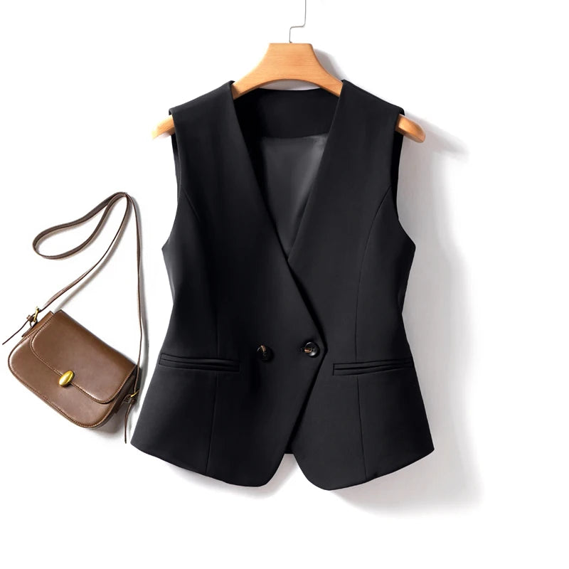Black V-neck short double-breasted vest women's jacket spring and autumn workplace Slim and thin