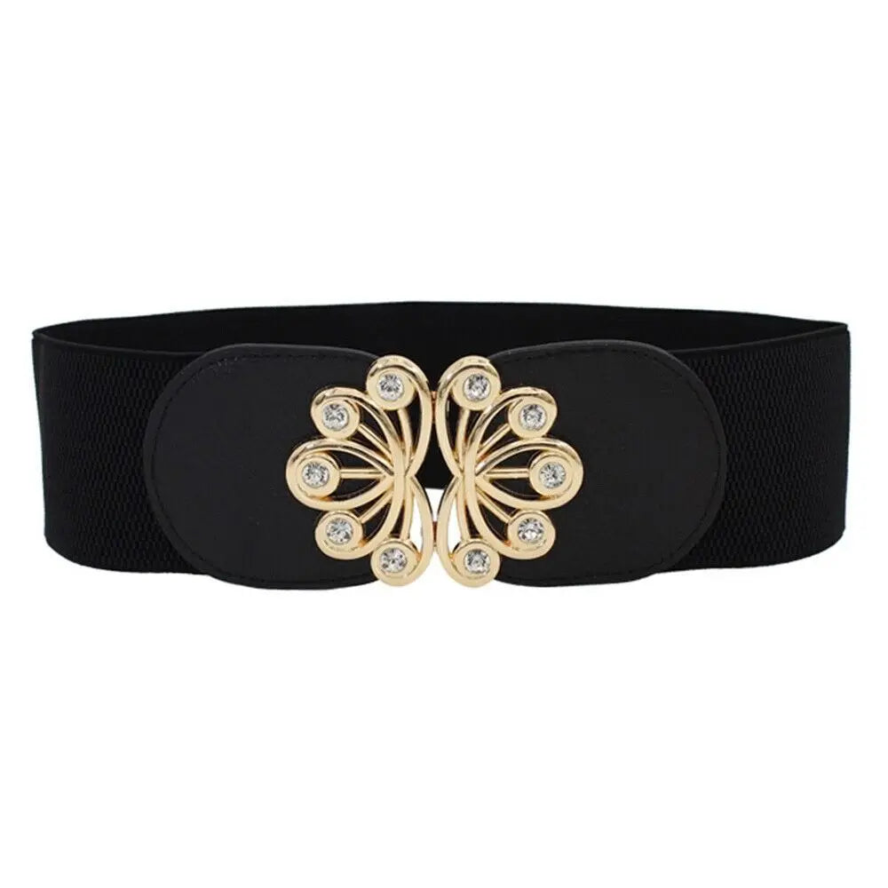 Big Size Black Stretch Corset Waistband Belt Cummerbands Rhinestone Metal Buckle