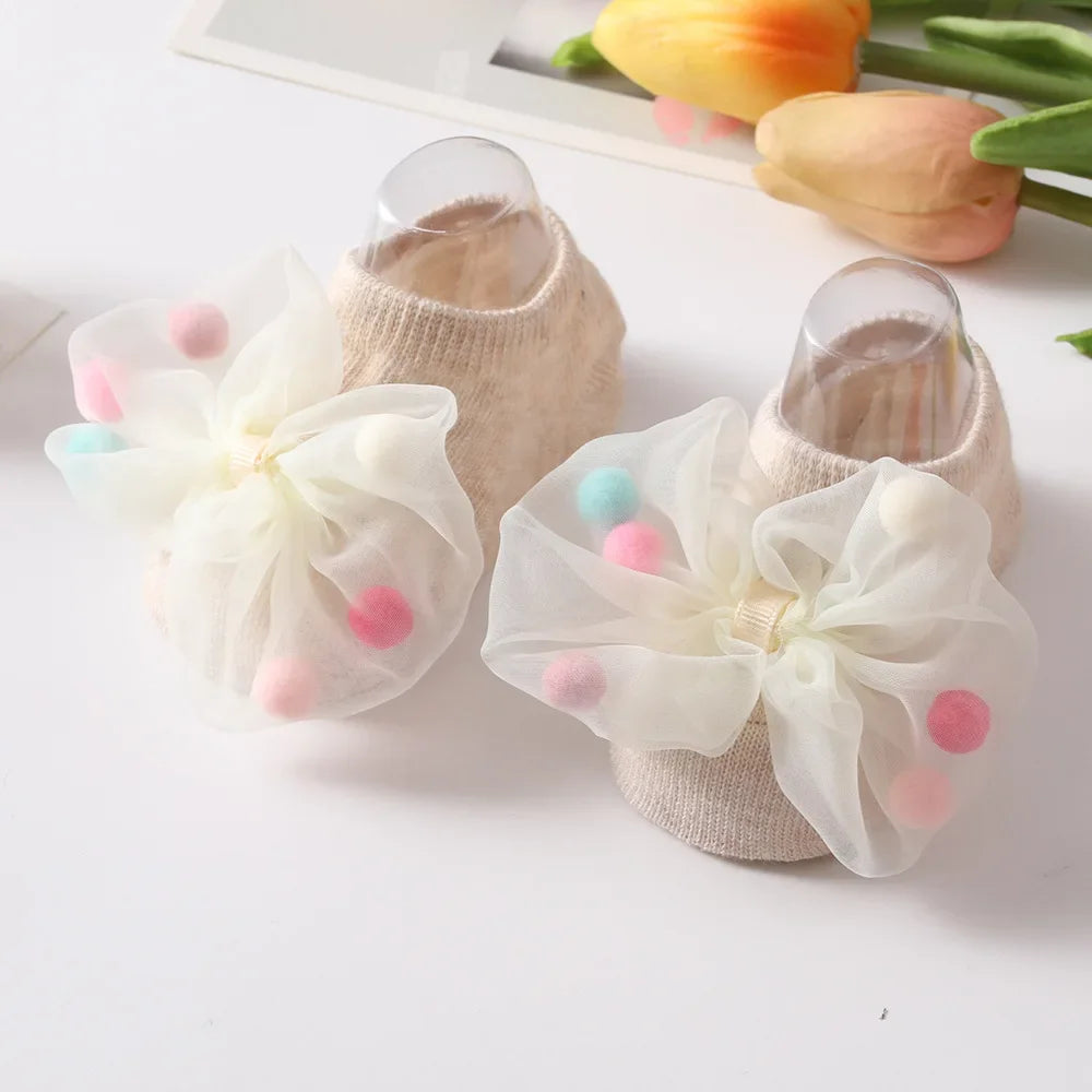 Baby Girl Home Short Socks Lace Bow Infant Anti Slip Trampoline Socks Newborn Princess Ankle Socks Children Floor Shoes