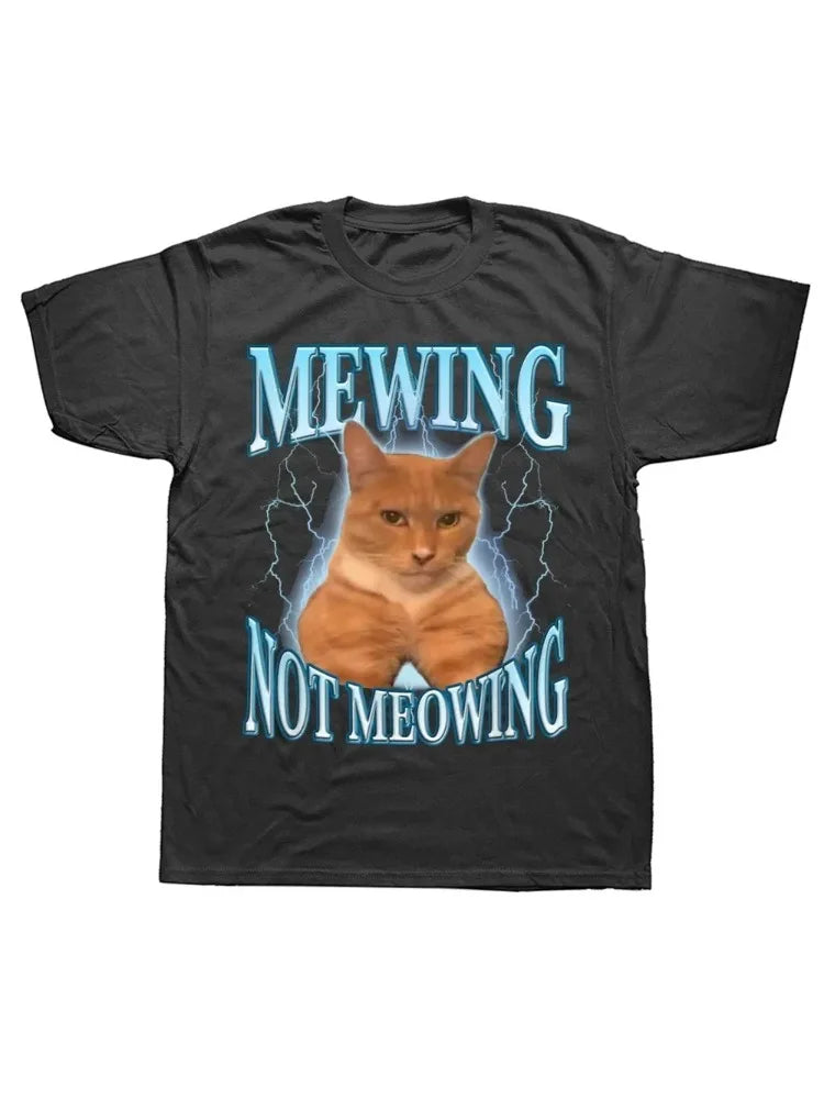 Female 90s Funny Mewing Not Meowing Cat T Shirt Cute Cats Funny Graphic T-shirts Soft O-neck Tee Tops Women Clothes
