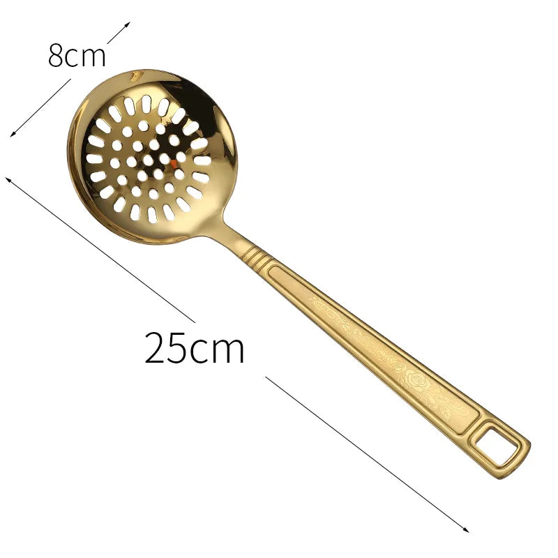 Stainless Steel Kitchen Gold Cooking Utensils Hollow Shovel Spatula Large Salad Spoon Fork Stirring Serving Tableware