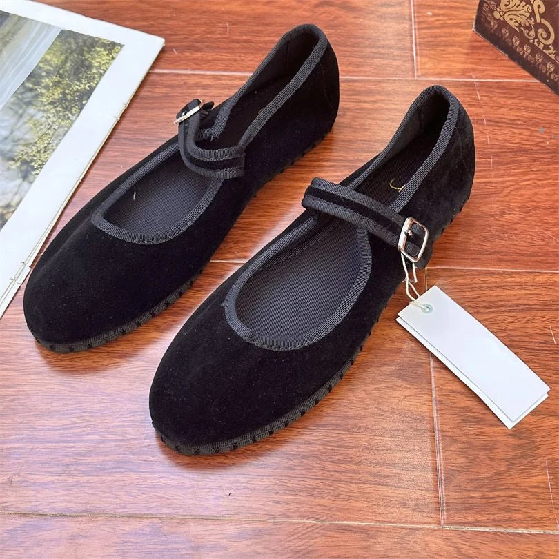 Elegant Mary Janes Flats Shoes Women Black Buckle Strap Shallow Casual Ballet Shoes Ladies Spring Autumn Canvas Loafers 2024