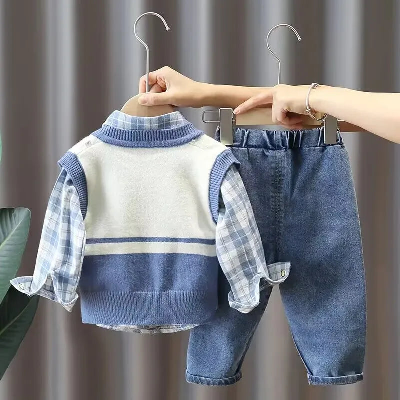 Boys' Baby Autumn Suit 2024 New Children's Fashionable Clothes Spring and Autumn Vest Shirt Jeans 3 Piece Set