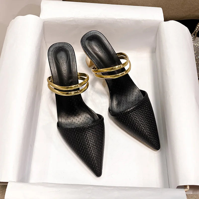 Summer Women's Fashion Pointed Sandals Elegant Temperament High Heeled Comfortable Color Blocked Slip on Half Slippers 2026