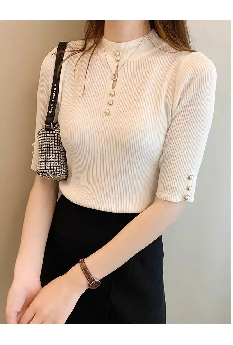 2025 Spring Autumn Korean Fashion Solid Sweater Women Short Sleeve Tops Pull Femme Casual Slim Female Pullover Knitted Clothes