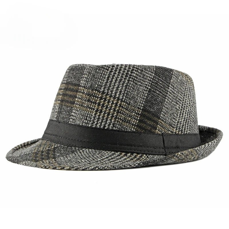 Spring Summer New Vintage Checked Top Hat Men's Middle-aged and Elderly Woolen Gentleman's Hat Jazz Hat