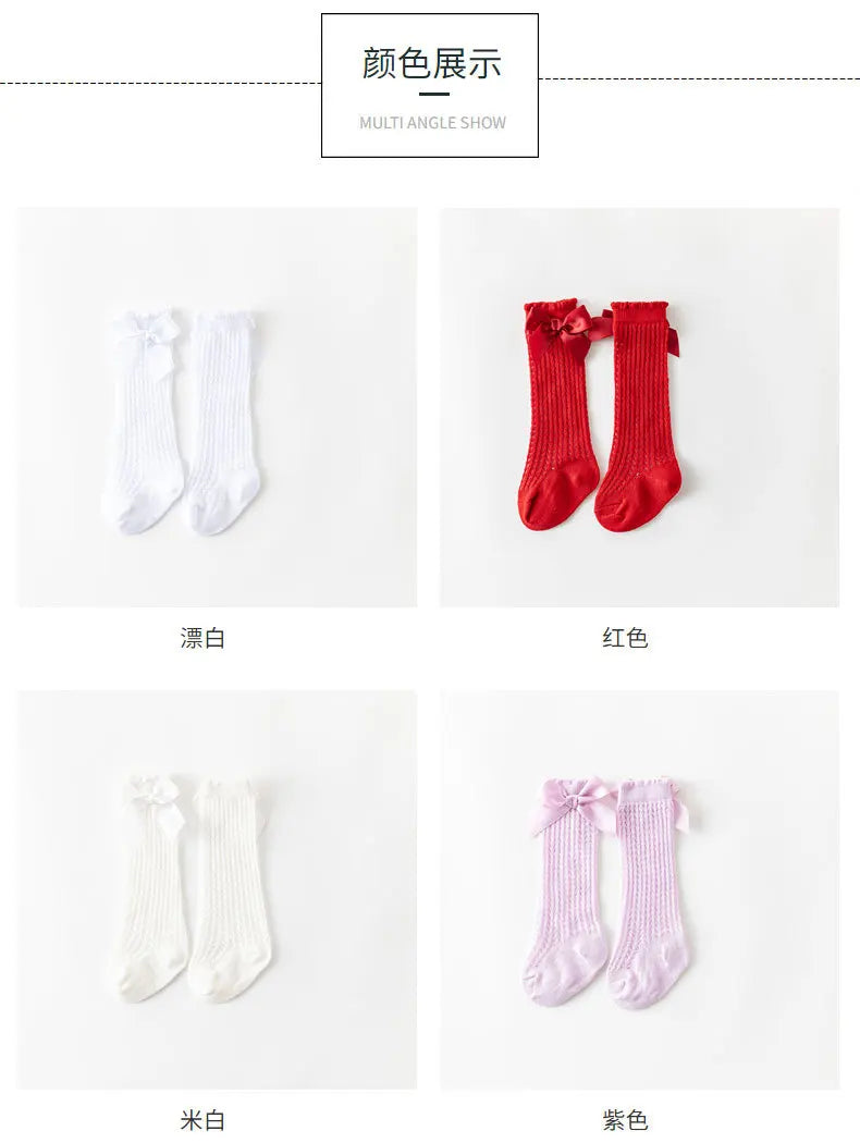 Simmer Spring Mesh Thin Cotton Korean Bow White Stockings Baby Princess Knee High Long Socks with Lace Ruffles for Newborn Girls
