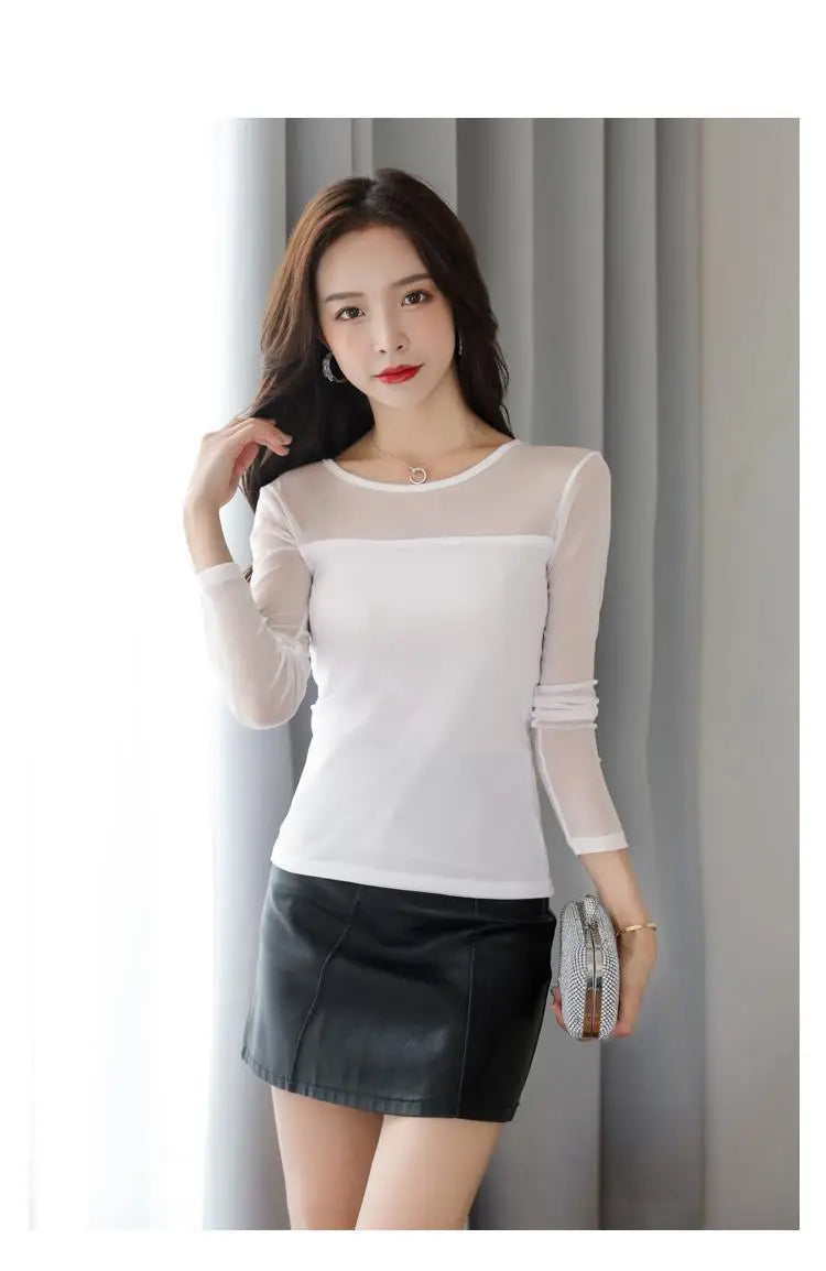 Mesh Bottoming Shirt for Women Long-sleeved T-shirt Autumn Winter New Korean Style Round Neck Slim Shirt with Tight Top Inside