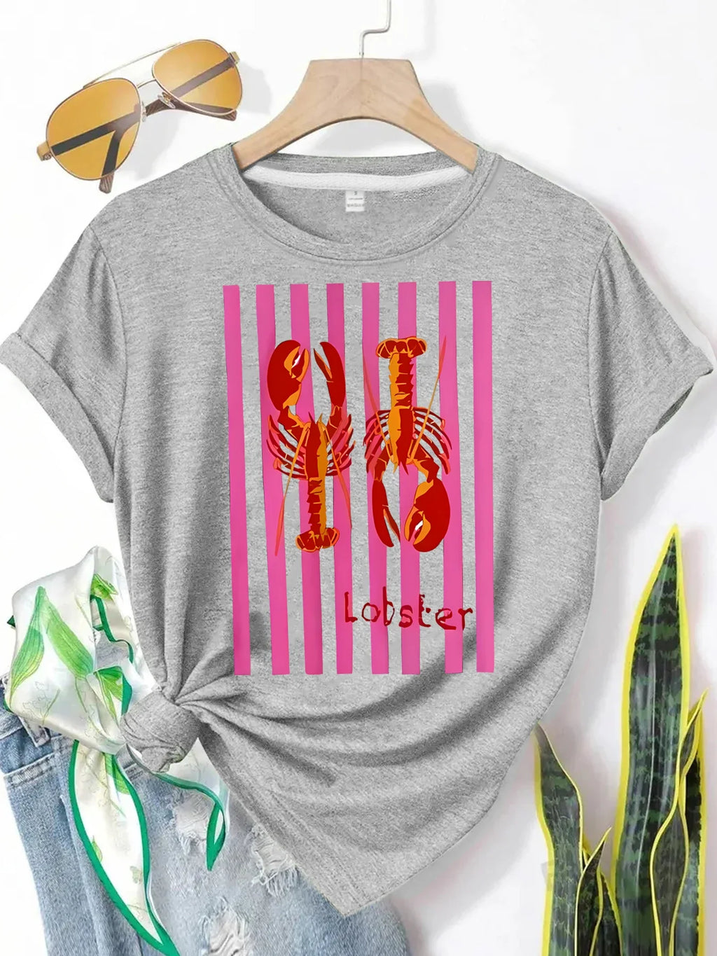 American Summer Marine Lobster Ins Printed Women Casual T-shirt Short Fashionable Y2k Personality Round Neck Comfortable T-shirt