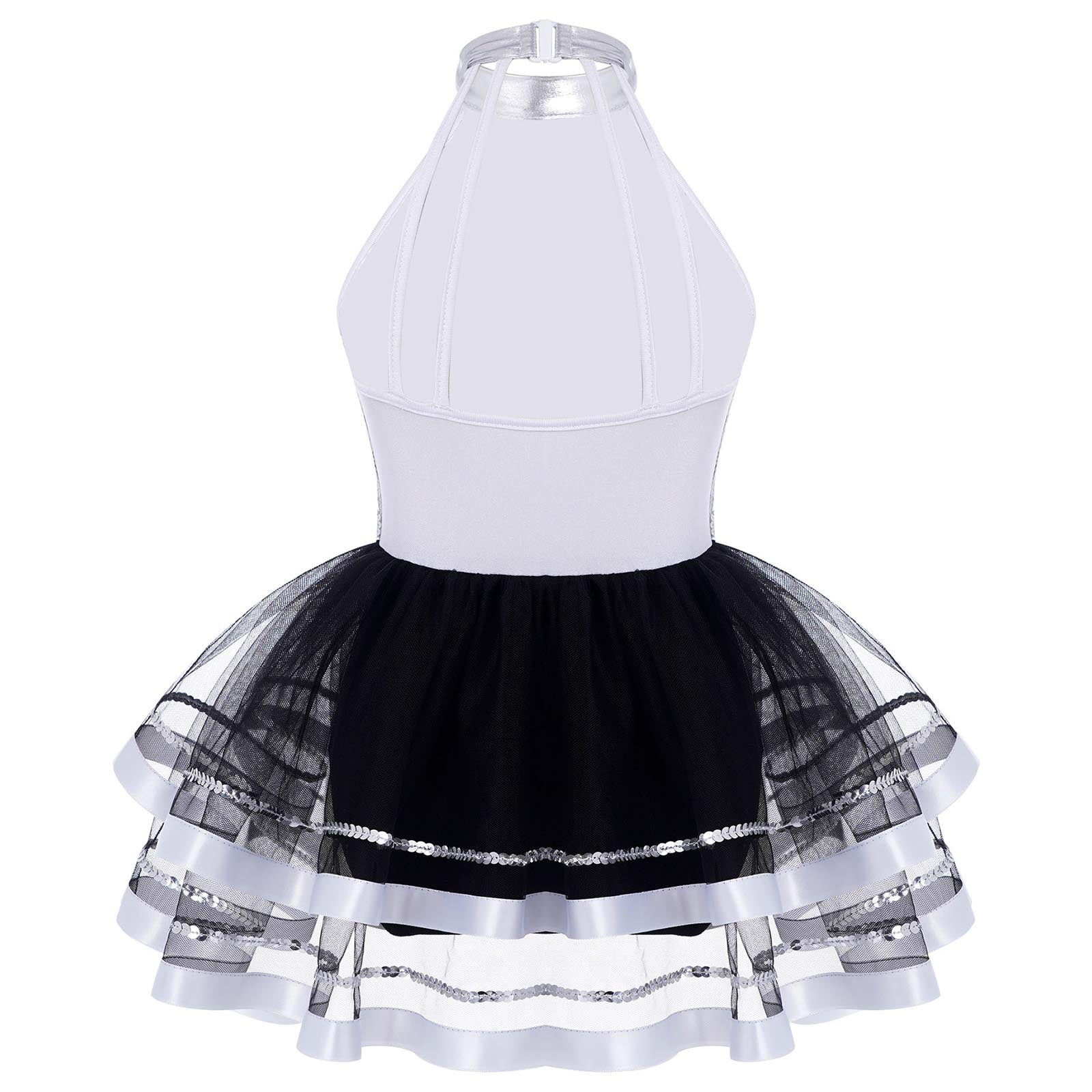 Jazz Dance Costume Kids Halter Shiny Sequins Gymnastics Unitards Dress Girls Ballet Leotard Tutu Stage Performance Clothing