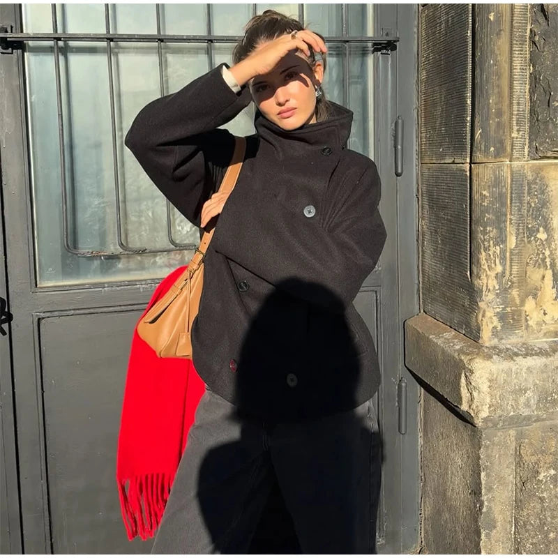 Elegant Women's Short Woolen Coats Stand Collar Double Breasted Long Sleeve Female Jacket 2025 Autumn Winter Lady Warm Outwear