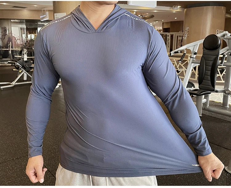 Gym Men T Shirt Casual Long Sleeve Slim Tops Tees Elastic T-shirt Sports Fitness Thin Comfort Breathable Quick Dry Hooded