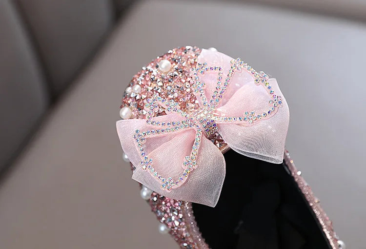 Girls Princess Shoes Glitter Luxury Party Shallow Children Ballet Flats 21-36 Elastic Band Fashion Lace Bowknot Kids Dance Shoes