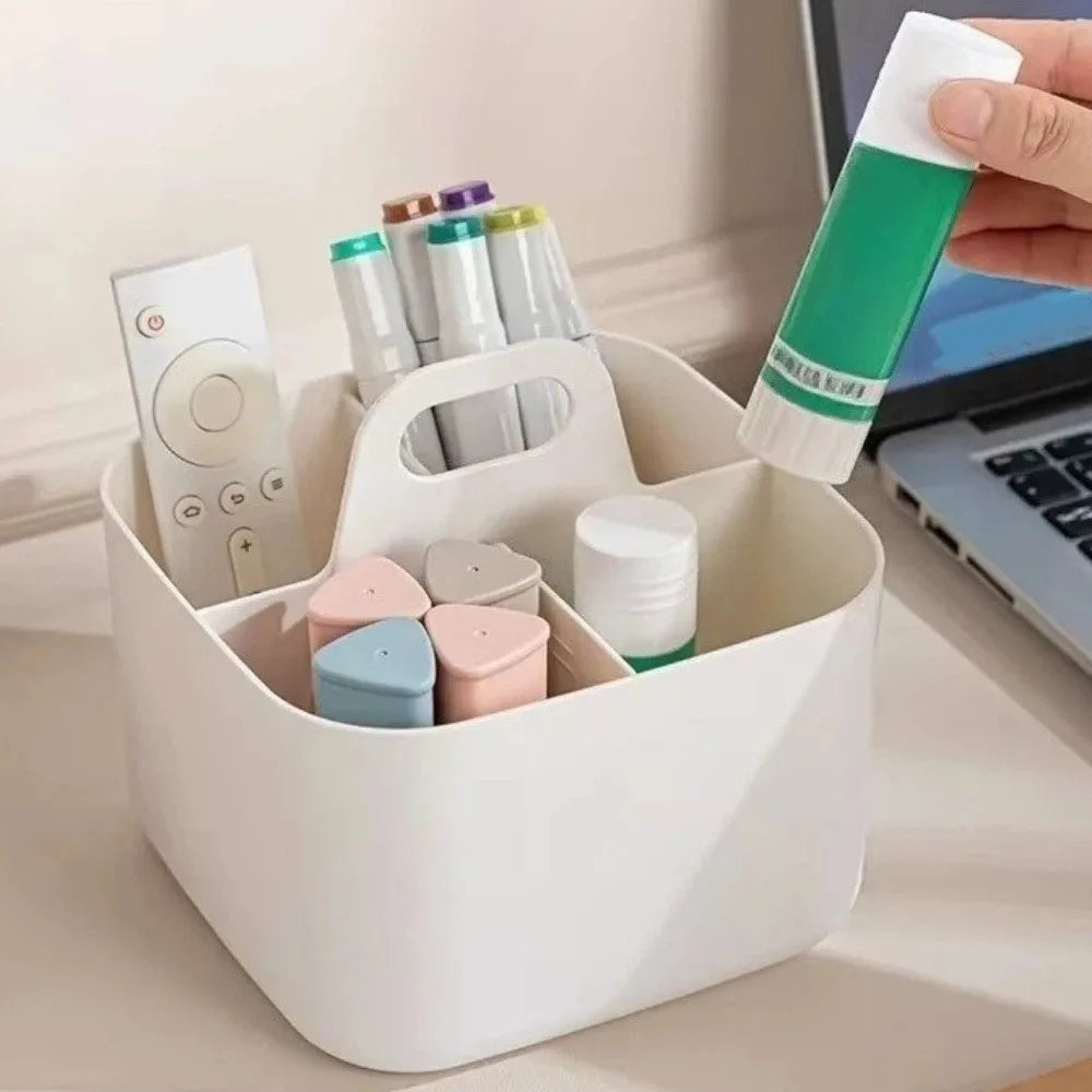 Plastic Cosmetic Organiser Multi-compartment Divider Sorting Split Pen Organiser with Handle Desk Storage Basket Bathroom