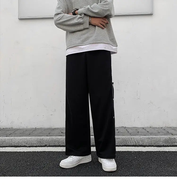 Split Reflective Stripe Casual Pants Unisex Trendy Patchwork Button Pants Spring Summer Straight Loose Sports Pants
